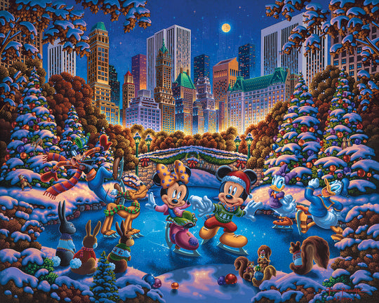 Mickey and Friends Skating in Central Park – 30" x 37" Canvas Wall Murals (Onyx Black Frame)